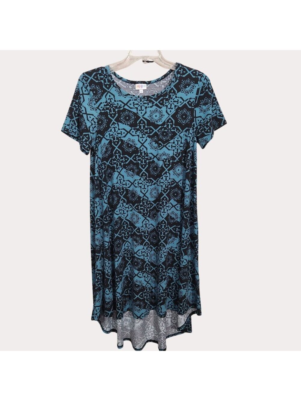 LuLaRoe Carly Dress Womens M Black Teal Relaxed Fit High Low